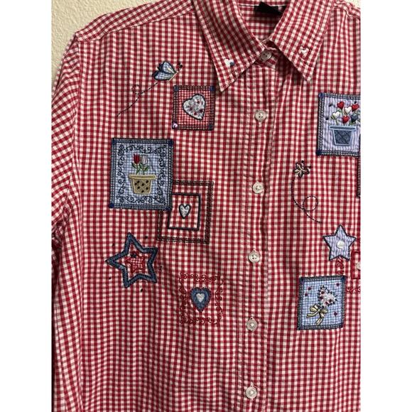 VTG Quizz Again Womens Sz M Stars Patchwork Red Check Button Up Embroidered Farm - Picture 3 of 9